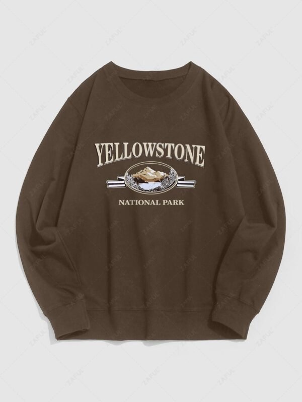 Streetwear Yellow Stone Mountain Scenic Vintage Graphic Crewneck Sweatshirt - Deep Coffee L - Image 2