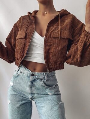 ZAFUL Corduroy Drop Shoulder Pocket Hooded Jacket - Chestnut S