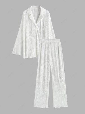 Alternative view of Plisse Pleated Button Up Shirt And Pants Set - White L