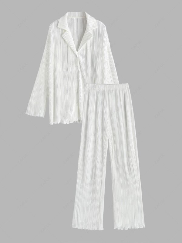 Plisse Pleated Button Up Shirt And Pants Set - White L - Image 2