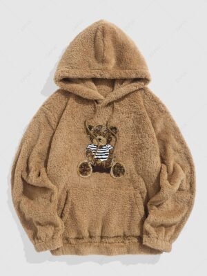 Alternative view of Bear Terry Embroidered Pullover Fluffy Faux Fur Teddy Hoodie - Coffee L