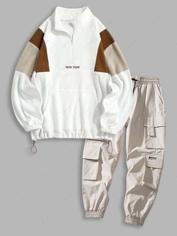 Fluffy NEW YORK Embroidery Colorblock Half Zip Sweatshirt And Cargo Jogger Techwear Pants Set - Multi-a - Image 2