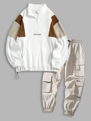 Fluffy NEW YORK Embroidery Colorblock Half Zip Sweatshirt And Cargo Jogger Techwear Pants Set - Multi-a
