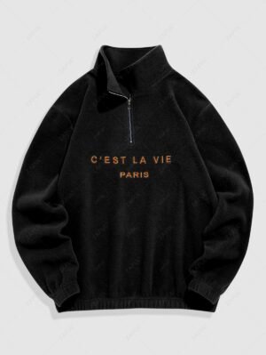 Alternative view of ZAFUL Fuzzy Letter Embroidered Quarter Zip Polar Fleece Sweatshirt - Black M