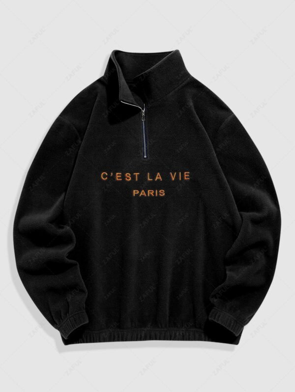 ZAFUL Fuzzy Letter Embroidered Quarter Zip Polar Fleece Sweatshirt - Black M - Image 2
