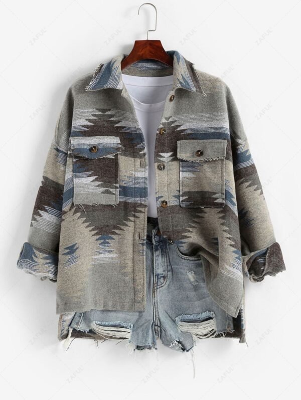 Ethnic Aztec Print Flap Pockets Button Up Jacket - Multi-b M - Image 2