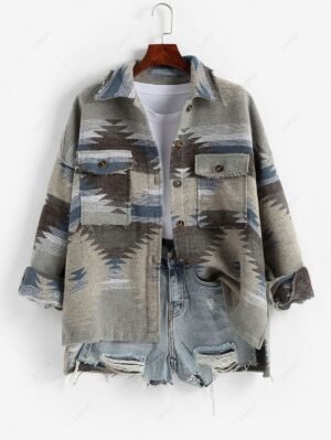 Ethnic Aztec Print Flap Pockets Button Up Jacket - Multi-b M