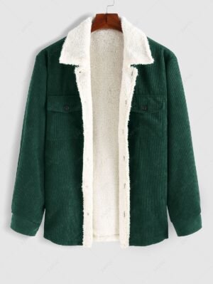 Alternative view of ZAFUL Double Pockets Design Fuzzy Fleece-lined Corduroy Jacket - Deep Green M