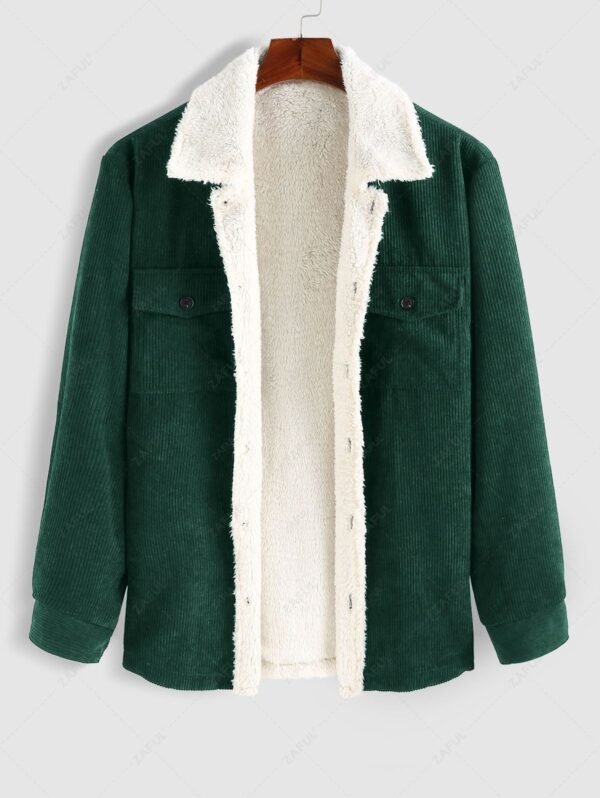 ZAFUL Double Pockets Design Fuzzy Fleece-lined Corduroy Jacket - Deep Green M