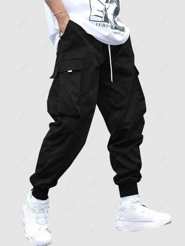 Men's Flap Pocket Drawstring Elastic Waist Streetwear Casual Techwear Jogger Cargo Pants - Black L - Image 2