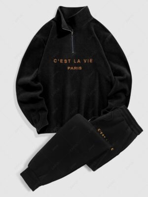 Alternative view of C' EST LA VIE Letter Embroidered Polar Fleece Sweatshirt And Sports Jogger Pants Set - Black