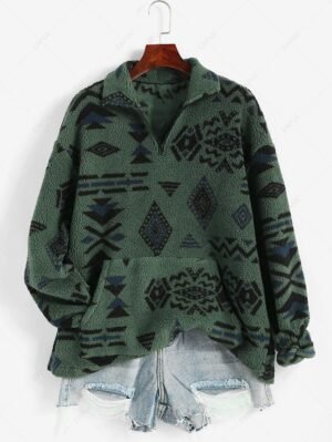 Alternative view of ZAFUL Front Pocket Fluffy Quarter Zip Ethnic Aztec Printed Sweatshirt - Deep Green L