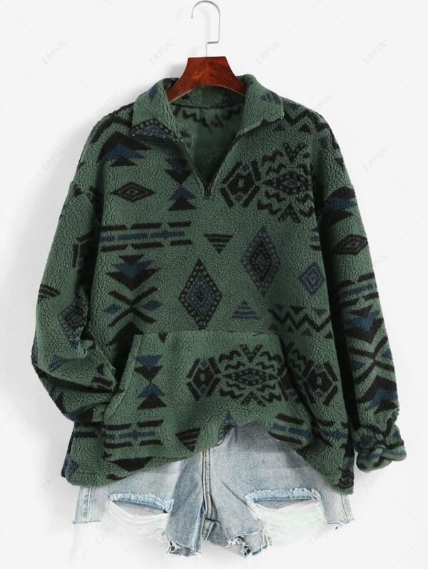 ZAFUL Front Pocket Fluffy Quarter Zip Ethnic Aztec Printed Sweatshirt - Deep Green L - Image 2