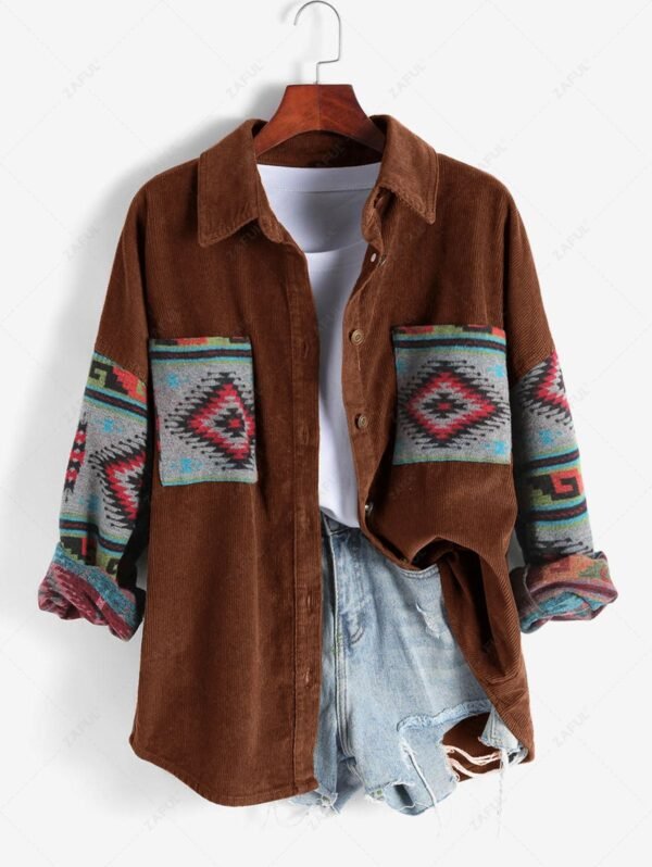 Women's Ethnic Aztec Printed Corduroy Shacket Long Sleeve Retro Spliced Jacket - Coffee M - Image 2