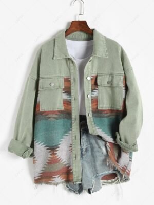 Women's Ethnic Aztec Printed Shacket Flap Pocket Long Sleeve Shirt Retro Western Denim Spliced Jacket - Multi-e M