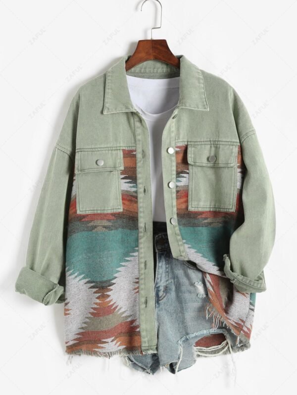 Women's Ethnic Aztec Printed Shacket Flap Pocket Long Sleeve Shirt Retro Western Denim Spliced Jacket - Multi-e M
