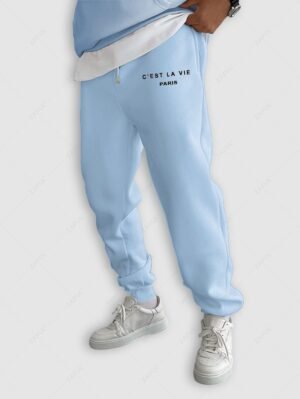 C'EST LA VIE PARIS Letter Printed Drawstring Fleece-lined Sports Jogger Pants - Light Blue S