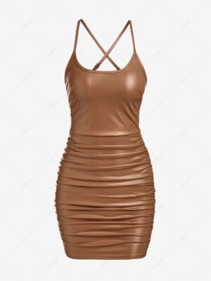 Alternative view of ZAFUL Cross PU Leather Ruched Cami Dress - Coffee S