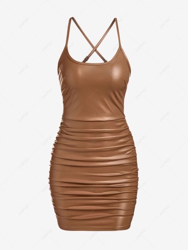 ZAFUL Cross PU Leather Ruched Cami Dress - Coffee S - Image 2