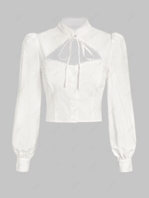 Alternative view of ZAFUL Lantern Sleeve Cut Out Crochet Trim Tie Stand Collar Shirt - White M