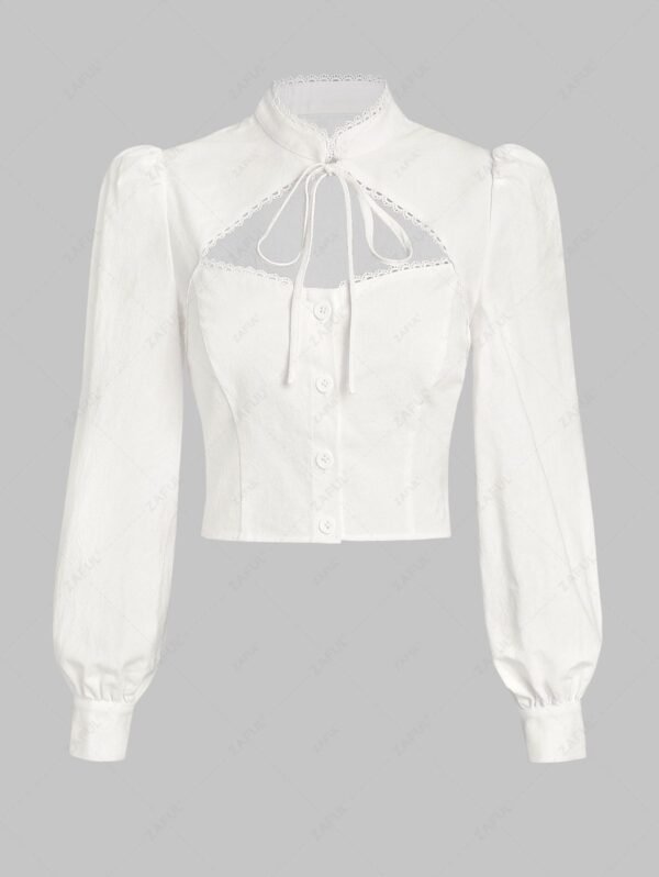 ZAFUL Lantern Sleeve Cut Out Crochet Trim Tie Stand Collar Shirt - White M - Image 2