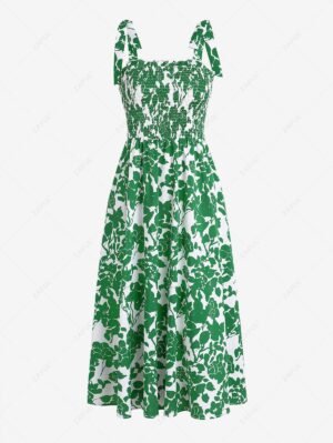ZAFUL Tie Shoulder Floral Print Smocked High Waist Vacation Midi Sundress - Green L