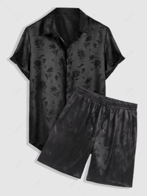 Men's Jacquard Silky Satin Floral Print Rose Pattern Button Front Short Sleeve Shirt And Shorts Set - Black