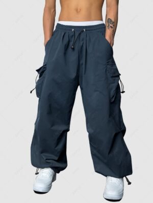 Alternative view of ZAFUL Loose Fit Drawstring Pocket Design Beam Feet Parachute Cargo Pants - Deep Blue S