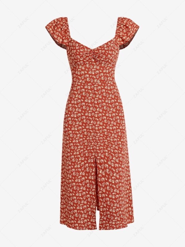 ZAFUL Women's Vacation Ditsy Print Sweetheart Neck Front Slit Ruched Bust Flutter Sleeve Midi A Line Dress - Deep Red M