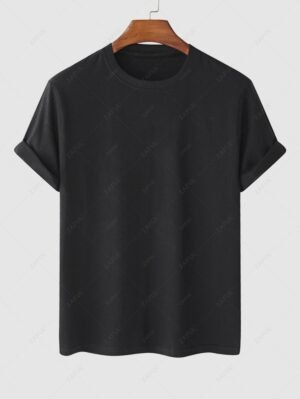 Alternative view of Men's Basic Solid Color Round Neck Short Sleeve T Shirt - Black L