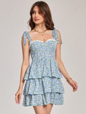Alternative view of ZAFUL Ditsy Print Ruffle Tie Shoulder Mini Layered Dress - Green S