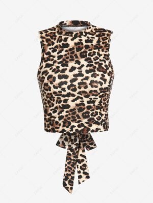 ZAFUL Leopard Tie Back Cut Out Crop Tank Top - Coffee S