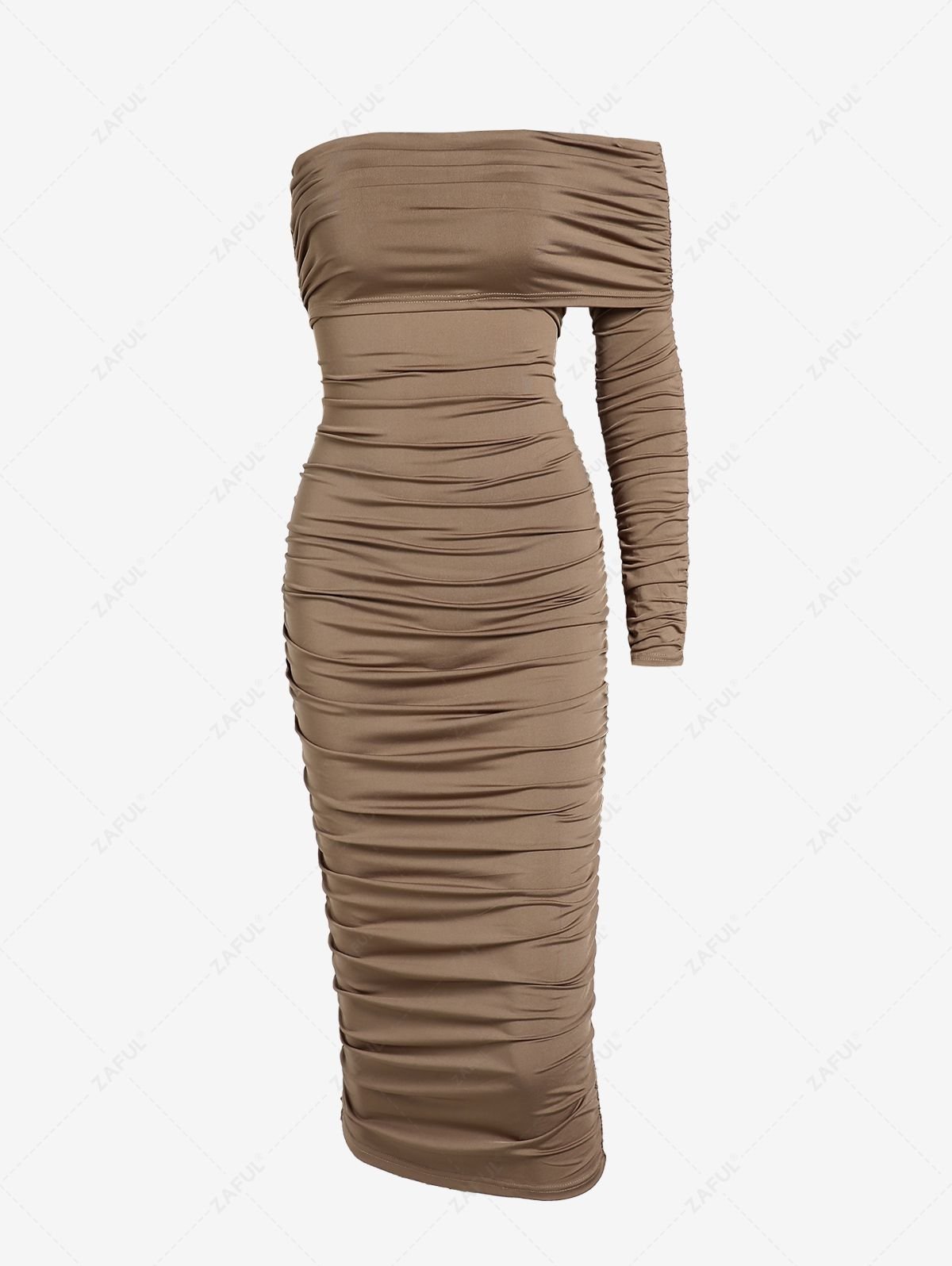 ZAFUL Women's Sexy Foldover Off Shoulder One Long Sleeve Ruched Back Slit Solid Color Midi Pencil Bodycon Dress - Coffee L