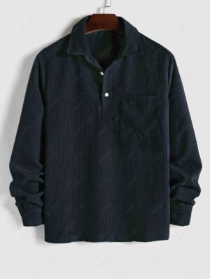 Alternative view of ZAFUL Solid Color Half Button Pocket Corduroy Long Sleeves Collared Shirt - Deep Blue L