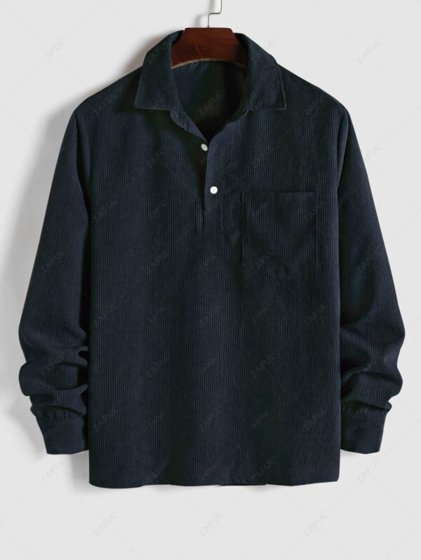 ZAFUL Solid Color Half Button Pocket Corduroy Long Sleeves Collared Shirt - Deep Blue L - Image 2