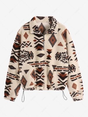 Alternative view of ZAFUL Women's Drop Shoulder Ethnic Aztec Tribal Geo Print Quarter Zip Toggle Drawstring Fluffy Teddy Sweatshirt - Light Coffee S