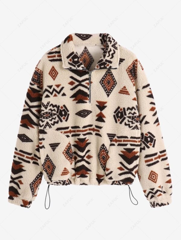 ZAFUL Women's Drop Shoulder Ethnic Aztec Tribal Geo Print Quarter Zip Toggle Drawstring Fluffy Teddy Sweatshirt - Light Coffee S - Image 2