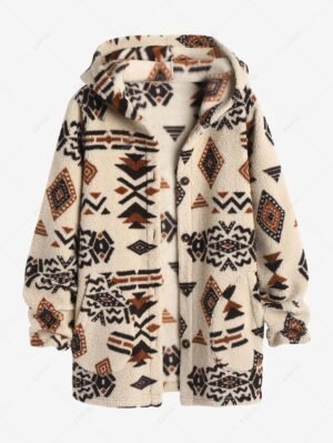 Alternative view of ZAFUL Women's Hooded Ethnic Style Pockets Long Tribal Geo Aztec Printed Fluffy Teddy Coat - Light Coffee L