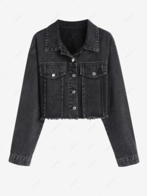 Alternative view of Women's Streetwear Solid Color Frayed Hem Mock Button Button Up Turn Down Collar Long Sleeves Crop Denim Jacket - Black M