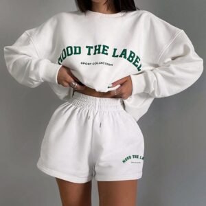 Alternative view of Women's Active Daily Sports Letter Print Drop Shoulder Crew Neck Long Sleeve Loose Pullover Sweatshirt With Drawstring Pocket Shorts Set Matching Two Piece Set - White S