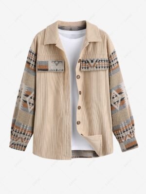 Alternative view of ZAFUL Women's Daily Ethnic Aztec Jacquard Drop Shoulder Turn Down Collar Flap Detail Button Up Shacket - Light Coffee L