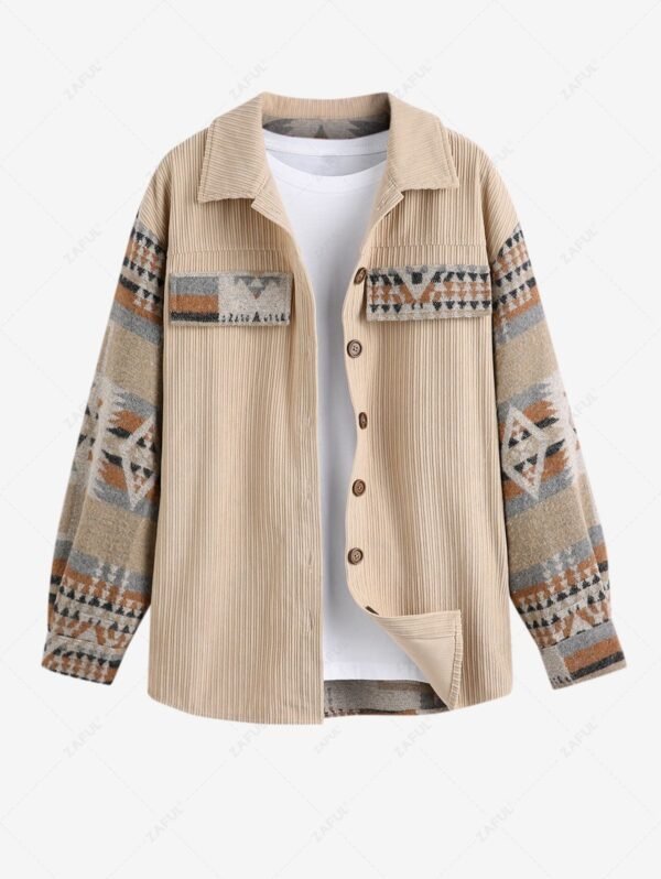 ZAFUL Women's Daily Ethnic Aztec Jacquard Drop Shoulder Turn Down Collar Flap Detail Button Up Shacket - Light Coffee L - Image 2