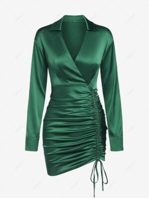 Alternative view of ZAFUL Women's Sexy Dating Night Daliy Solid Color Silky Satin Cinched Ruched Design V Neck Collared Surplice Long Sleeve Slinky Mini Dress - Deep Green S