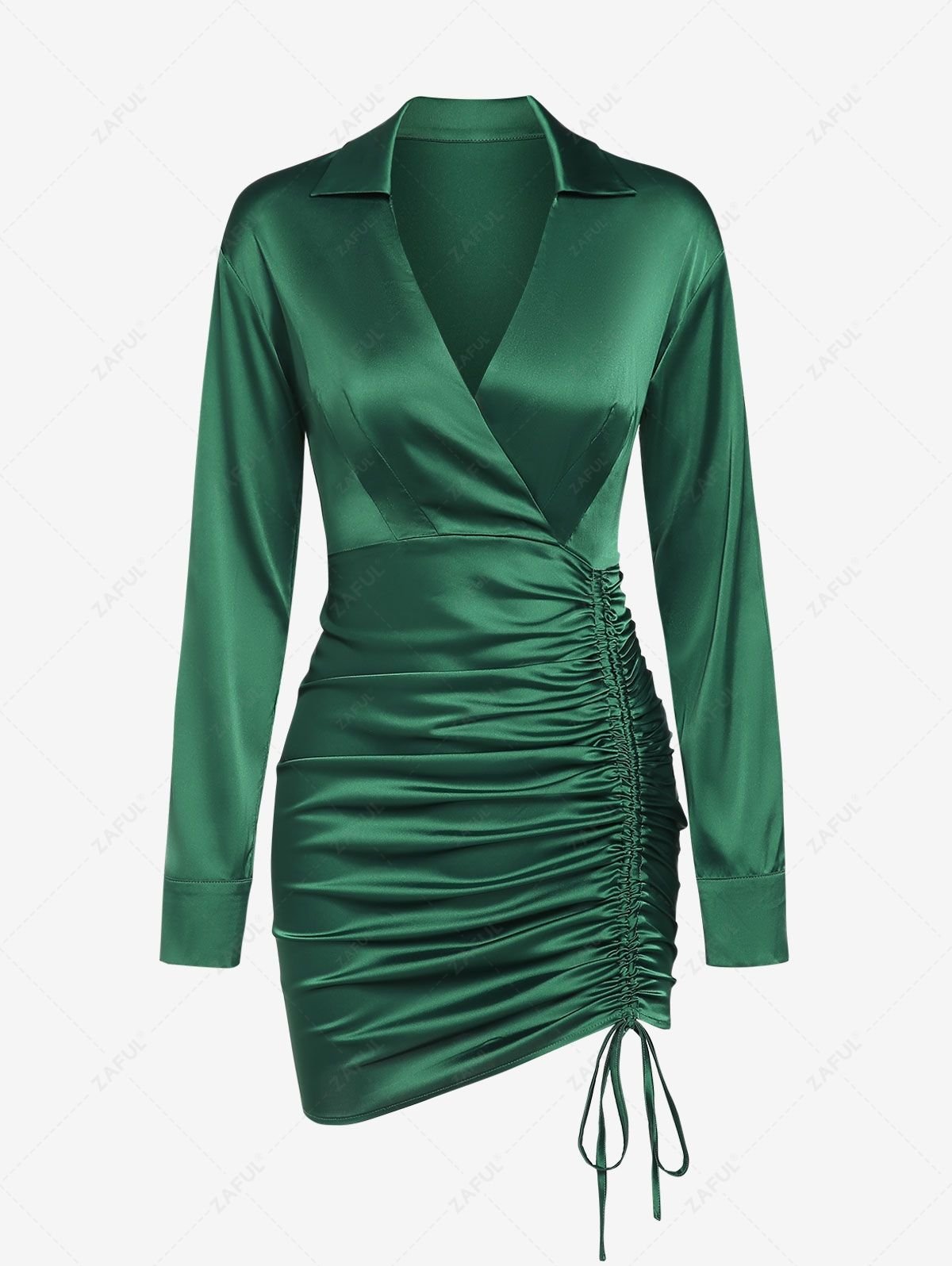 ZAFUL Women's Sexy Dating Night Daliy Solid Color Silky Satin Cinched Ruched Design V Neck Collared Surplice Long Sleeve Slinky Mini Dress - Deep Green S - Image 2