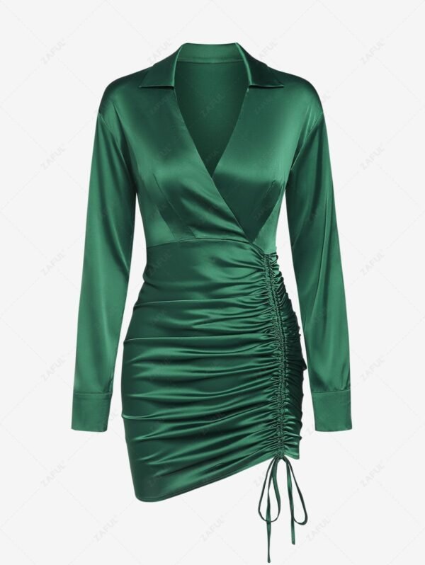 ZAFUL Women's Sexy Dating Night Daliy Solid Color Silky Satin Cinched Ruched Design V Neck Collared Surplice Long Sleeve Slinky Mini Dress - Deep Green S