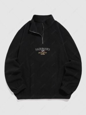 Alternative view of ZAFUL Raglan Sleeves FAIRBANKS Mountain Landscape Embroidery Quarter Zip Polar Fleece Sweatshirt - Black M