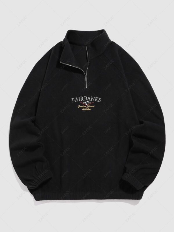 ZAFUL Raglan Sleeves FAIRBANKS Mountain Landscape Embroidery Quarter Zip Polar Fleece Sweatshirt - Black M - Image 2