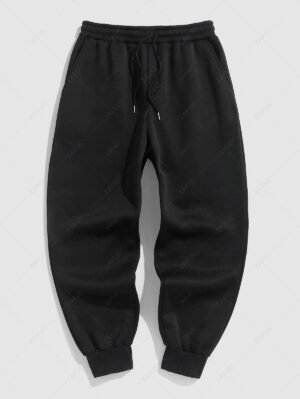 Alternative view of Solid Color Thermal Fleece-lined Casual Sweatpants - Black Xl