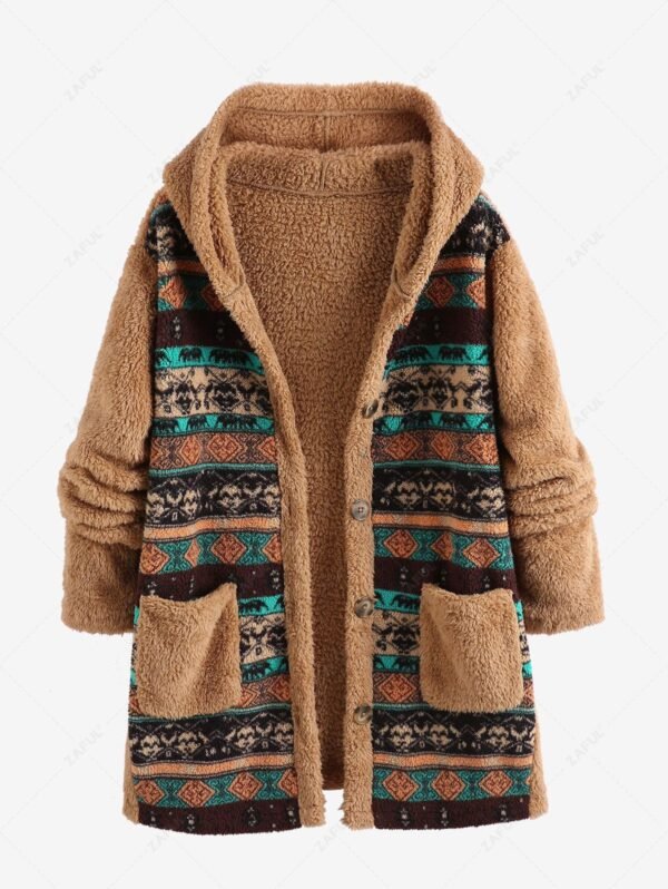 ZAFUL Women's Ethnic Style Dual Pocket Button Up Hooded Tribal Geo Aztec Printed Fluffy Fuzzy Faux Fur Textured Longline Teddy Coat - Multi S - Image 2