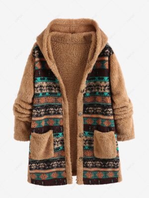 ZAFUL Women's Ethnic Style Dual Pocket Button Up Hooded Tribal Geo Aztec Printed Fluffy Fuzzy Faux Fur Textured Longline Teddy Coat - Multi S
